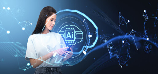 Poster - Woman using phone and looking at digital AI brain hologram and lines