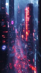 Sticker - A futuristic cityscape illuminated by neon lights and vibrant colors.