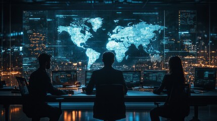 Aufkleber - Three people are sitting at a desk in front of a computer monitor that shows a m