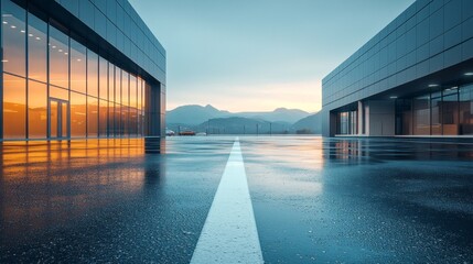 Poster - A city street with a white line down the middle and a building in the background
