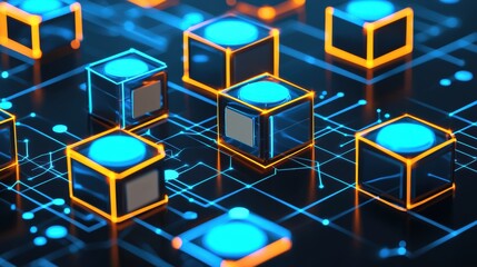 Poster - Futuristic Digital Blocks with Blue Glow Effects
