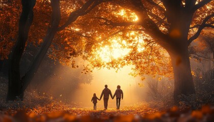 Poster - A family walks through an autumn forest, bathed in the warm glow of the setting sun.  The leaves are changing color and falling to the ground, creating a magical atmosphere.