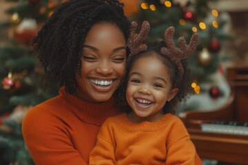 Cheerful African American mother and daughter having fun on Christmas day at home