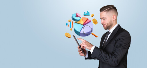Poster - Businessman analyzing data on tablet with charts and graphs on l