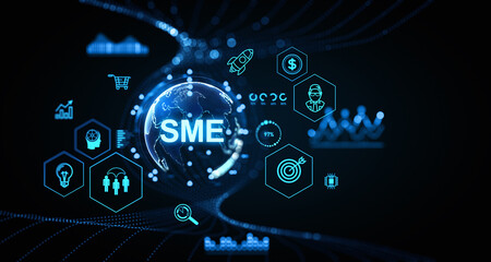 SME glowing hologram with business management icons in row