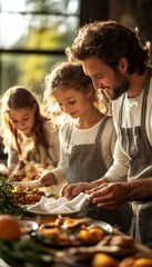 Sticker - A father and his two daughters prepare a meal together, setting the table with napkins and food.