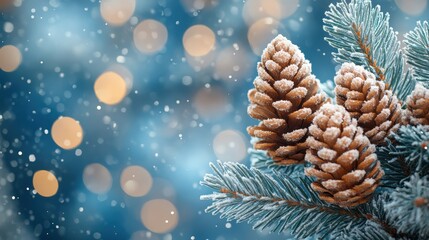 Pine Cones and Snowflakes on Blue blurred  Bokeh Background