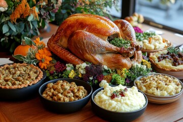 Canvas Print - A festive table setting featuring a roasted turkey and side dishes.