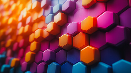 Poster - A colorful wall of hexagonal shapes. The colors are bright and vibrant, creating a lively and energetic atmosphere. The wall is made up of various shades of blue, green, red, and yellow