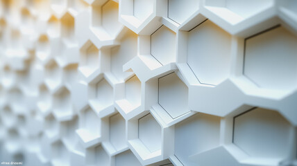 Poster - The image is a close up of a white wall with a pattern of hexagons. The wall is made of white material and has a modern, minimalist design. The pattern of hexagons creates a sense of symmetry