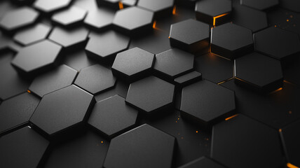 Poster - A black and orange hexagonal pattern. The black and orange colors create a sense of depth and contrast. The pattern is made up of small black