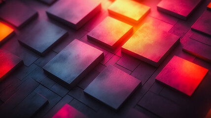 Poster - A colorful image of squares and rectangles with a dark background. The squares are in different colors and sizes, and the rectangles are also in various sizes and colors. The image has a futuristic