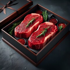 A stunning presentation of two premium raw beef steaks showcased in an elegant black box, highlighting their rich red color and marbling. Perfect for gourmet meal preparation. 