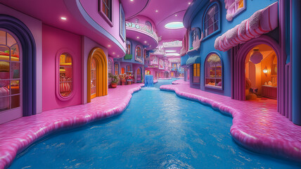 Poster - A colorful waterway with pink and blue buildings in the background. The waterway is filled with various pink and blue objects, creating a whimsical and playful atmosphere