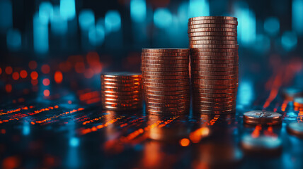 Three stacks of coins on a table with a blurry background. The coins are of different sizes and colors