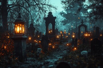 Wall Mural - A foggy, eerie graveyard with glowing lanterns on tombstones.