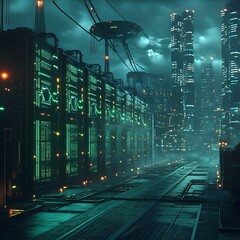 Poster - A futuristic city street at night with glowing lights and tall buildings.