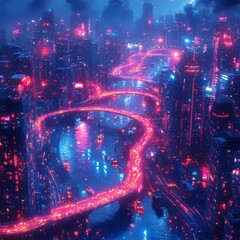 Canvas Print - A futuristic city with a glowing river flowing through it.