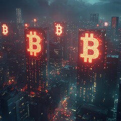 Poster - A futuristic cityscape at night with skyscrapers adorned with glowing red Bitcoin symbols.