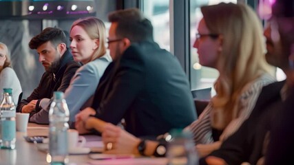 Poster - a group of business professionals participate in a lively discussion during a modern office meeting,