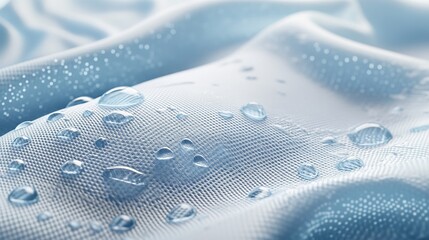 Poster - Closeup of knitted fabric with white and blue threads, surrounded by small water droplets.