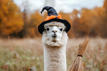 Alpaca wearing a witch s hat and carrying a broom in a Halloween field, witch alpaca, festive farm animal