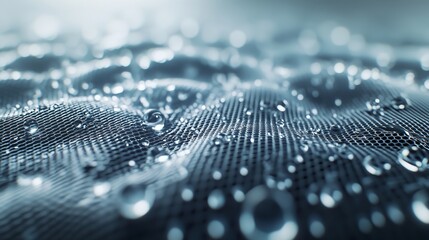 Poster - Closeup of knitted fabric with white and blue threads, surrounded by small water droplets.