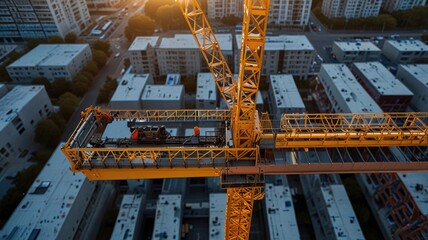 Aerial view of a construction crane with two workers on the platform, overlooking a cityscape.