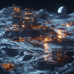 Canvas Print - A futuristic lunar colony with glowing buildings under a full moon.