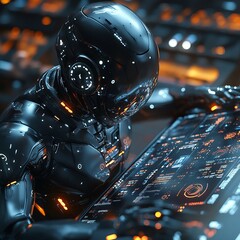 Canvas Print - A futuristic robot in a black suit with a helmet is working on a glowing screen.