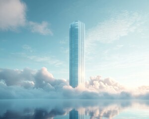 Sticker - A futuristic skyscraper rising above clouds in a serene atmosphere.