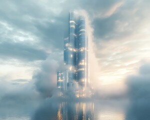 Sticker - A futuristic skyscraper emerging from misty surroundings.