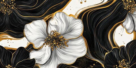 Poster - Elegant Abstract Floral Pattern in Black Gold and White for Modern Decor