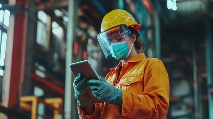 Worker in safety gear using a tablet in an industrial setting.