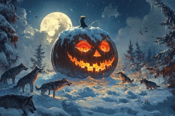 Wall Mural - A giant jack-o'-lantern with a menacing grin sits in a snowy forest, illuminated by the full moon. Five wolves gather around it, their eyes fixed on the glowing pumpkin.