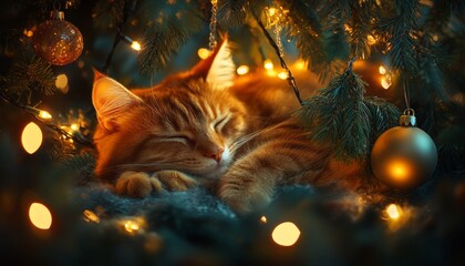 Sticker - A ginger cat sleeps peacefully under a Christmas tree, surrounded by twinkling lights and ornaments.