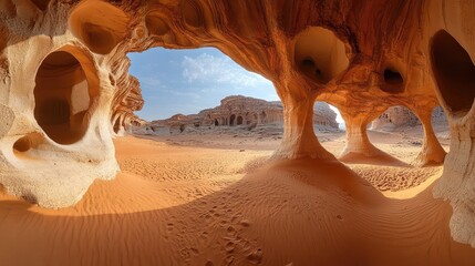 A desert landscape with unusual, hollowed-out rock formations, their intricate cave-like shapes creating natural sculptures in the sand