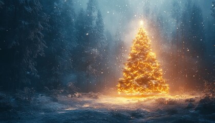 Poster - A glowing Christmas tree in a snowy forest.