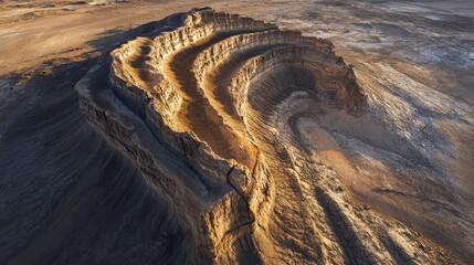 Aerial view of a desert with massive rock formations resembling giant stone waves frozen in time, curving across the sandy surface