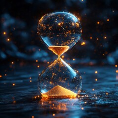 Canvas Print - A glowing hourglass with sand flowing through it, set against a dark blue background.