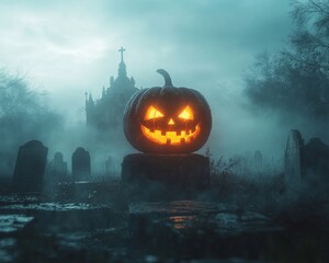 Poster - A glowing jack-o'-lantern sits in a foggy graveyard with a church in the background.