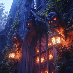 Poster - A gothic building with gargoyle statues and lanterns.