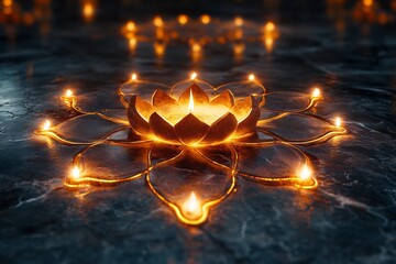 Poster - Clean and minimalistic portrayal of Diwali featuring a beautiful rangoli design made of colored powders set on a smooth surface with subtle light illuminating the patterns enhancing the festive feel