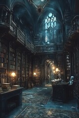 Wall Mural - A grand, gothic library with towering bookshelves, a high ceiling, and a stained glass window.