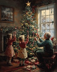 Sticker - A grandfather and two young girls decorate a Christmas tree with candy canes.