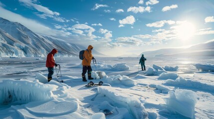 Poster - Three people are standing on a snowy field