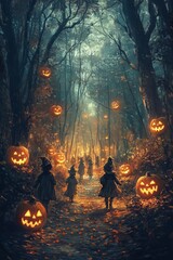 Wall Mural - A group of children dressed as witches walk through a dark forest lit by jack-o-lanterns.