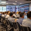 © PuiZera - A group of men in a modern office setting with large screens displaying financial data.