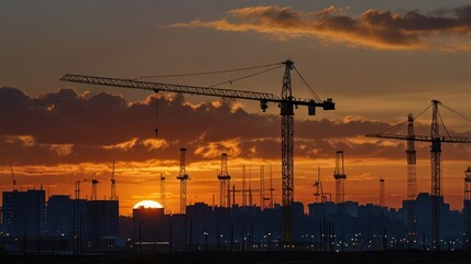 Silhouettes of construction cranes against a fiery sunset over a cityscape.