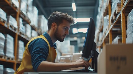 Poster - Focused Worker in Warehouse Setting Using Computer